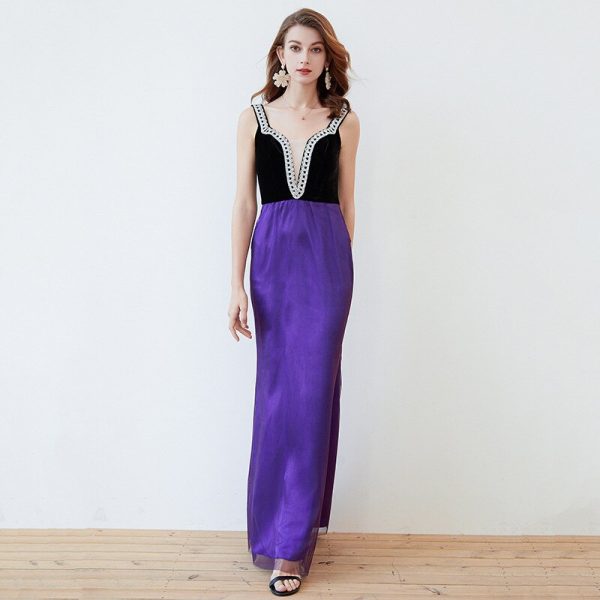 Alternative view of Women's Designer Dress Spaghetti Straps Piping Patchwork Sexy Split Elegant Maxi Long Party Prom