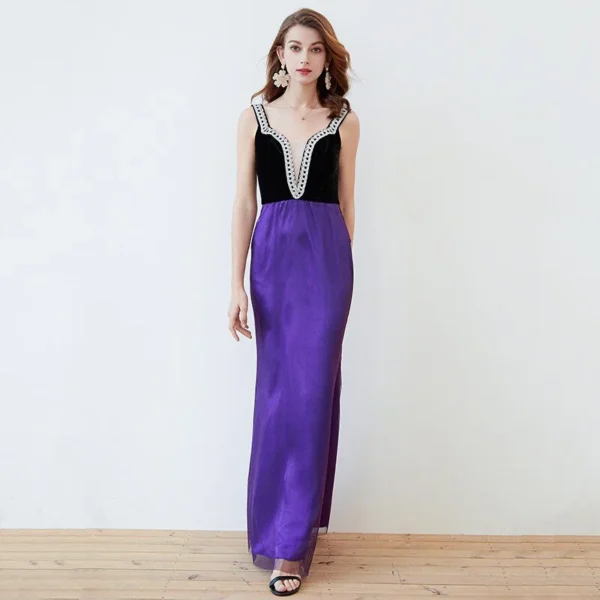 Alternative view of Women's Designer Dress Spaghetti Straps Piping Patchwork Sexy Split Elegant Maxi Long Party Prom