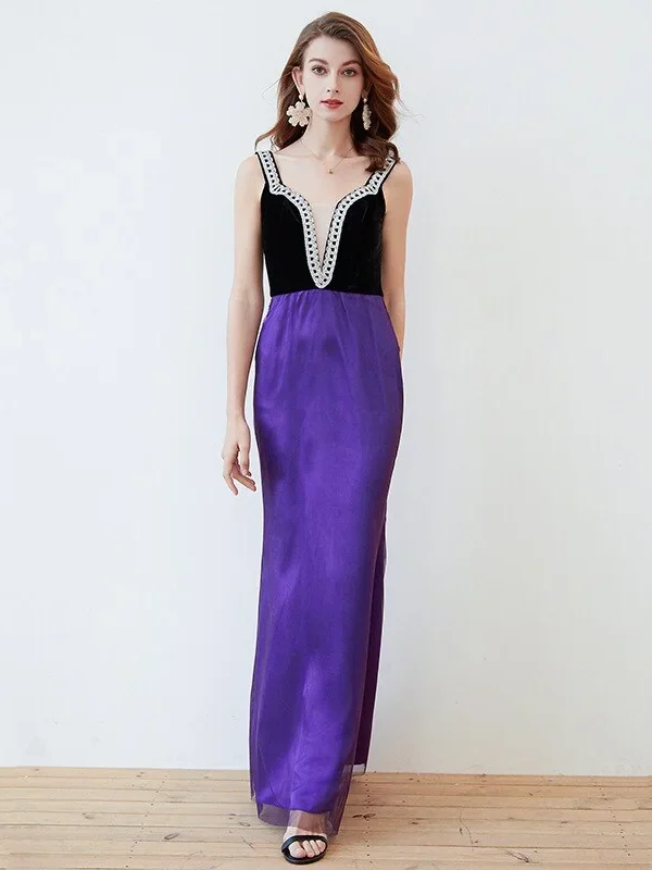 Alternative view of Women's Designer Dress Spaghetti Straps Piping Patchwork Sexy Split Elegant Maxi Long Party Prom