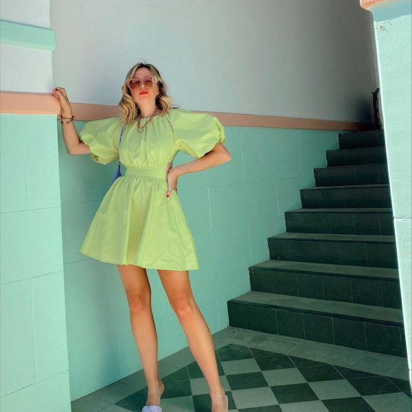 Alternative view of Summer Dress Green Solid Color Round Neck Puff Sleeve Mini Dress High Waist Back Hollow Out Fashion Party new