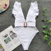 Plunging One Piece Swimsuits Ruffle Swimwear Women 2021 Belted Bathers Sexy Backless Beachwear High Cut Bathing Suits - Hplify