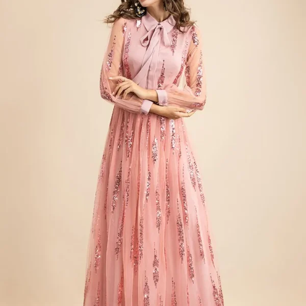 Women's Runway Dresses Turn Down Collar Long Sleeves Sequined Patchwork Elegant Maxi Party Dresses