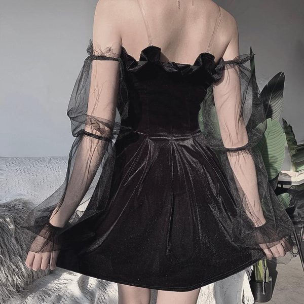 2021 Gothic Sexy Dress Vintage Off Shoulder Lantern Sleeve Mesh Patchwork Velvet Mini Dress Dark Street Black Dress for Female - Hplify