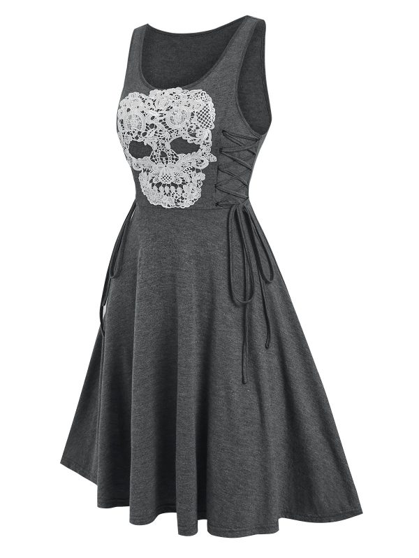 Gothic Lace Up Knee Skull Pattern Length Dress Sleeveless Autumn A-Line Halloween Casual Women Dress Vintage Vestidos