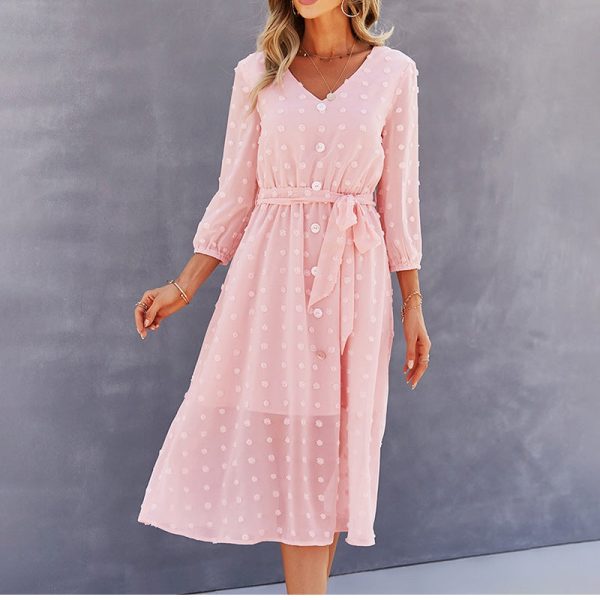 Dot Long Sleeve V Neck Bandage Buttons High Waist Dress Spring Summer Fashion Casual Chic Sexy Womne Dress