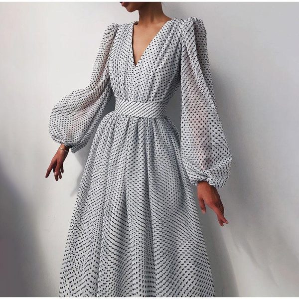 Polka Dot High Waist Midi Dresses Women V-Neck Sweet Long Puff Sleeve Elegant Dress Female 2021 Christmas Lady Party Vestidos - Hplify