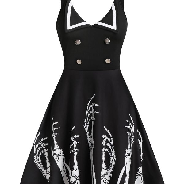 Gothic Black Dress Women Hand Skeleton Print Mock Button Mini Cami Dress Spaghetti Strap Casual Dress Ladies Vestidos