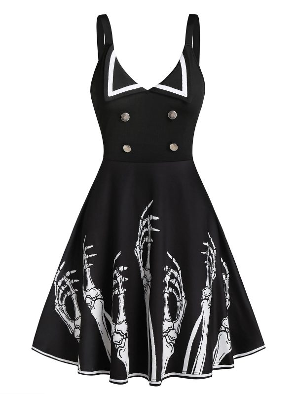 Gothic Black Dress Women Hand Skeleton Print Mock Button Mini Cami Dress Spaghetti Strap Casual Dress Ladies Vestidos