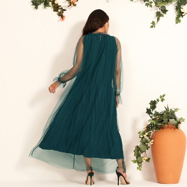 Alternative view of Women's Long Dress Diamond Decoration Simple Banquet Net Yarn Loose Lantern Sleeve Long-sleeved Dresses