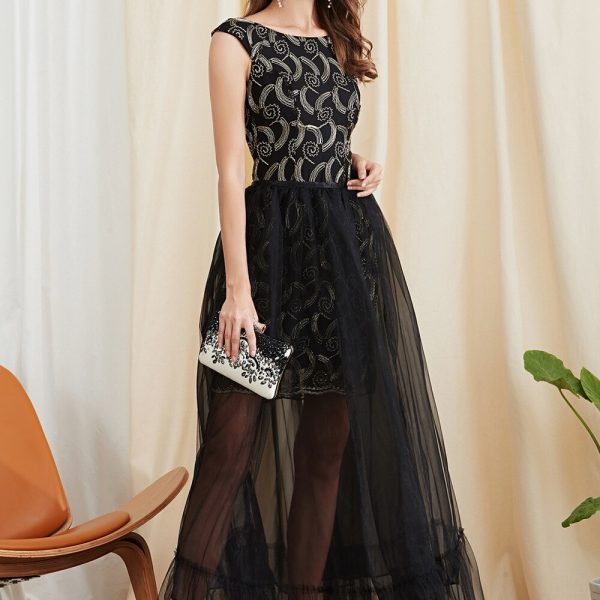 Alternative view of Women's Twinsets Prom Slash Neckline Short Sleeves Embroidery Dresses with Ruffles Skirts Fashion Two Piece Dress Sets