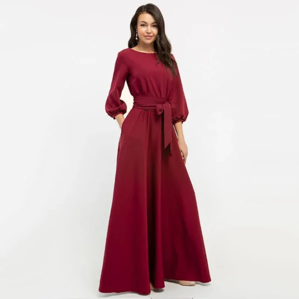 Alternative view of Bandage Maxi Long Dress Lantern Sleeve O Neck A-Line Pocket Casual Temperament Fashion  Summer Beach Style