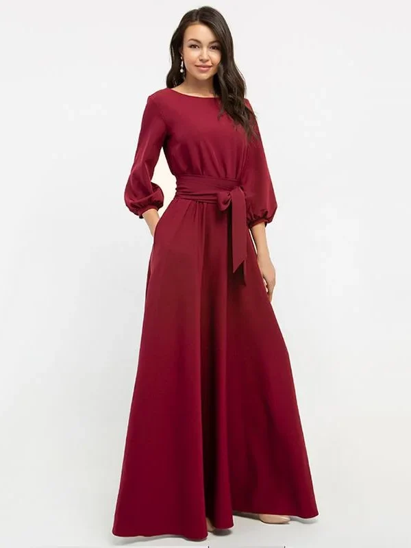 Alternative view of Bandage Maxi Long Dress Lantern Sleeve O Neck A-Line Pocket Casual Temperament Fashion  Summer Beach Style