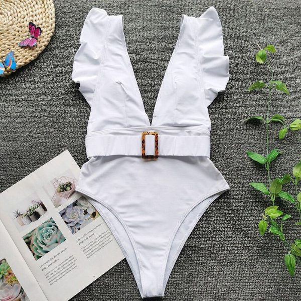 Ruffles White One Piece Swimsuit 2021 New Arrival Padded Deep V-Neck Belt Sexy Swimwear Women Bathing Suit Monokini - Hplify