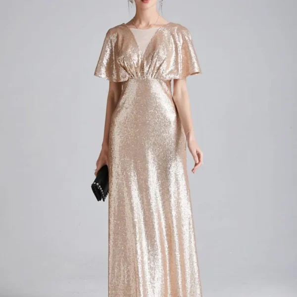 Women's Runway Dresses O Neck Short Sleeves Sequined Ruffles Fashion Designer Long Party Prom Dresses