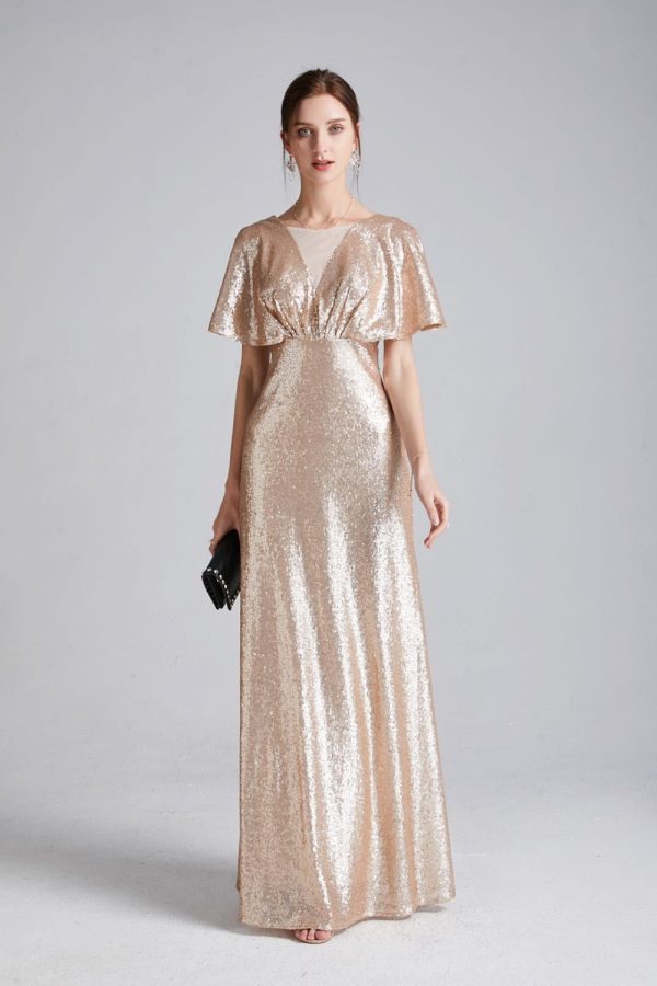 Women's Runway Dresses O Neck Short Sleeves Sequined Ruffles Fashion Designer Long Party Prom Dresses