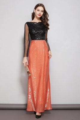 Womens Evening Party Prom Slash Neckline Long Sleeves Appliques Sequined Patchwork Maxi Elegant Dresses