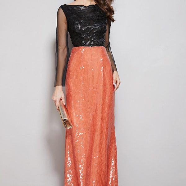 Women's Evening Party Prom Slash Neckline Long Sleeves Appliques Sequined Patchwork Maxi Elegant Dresses