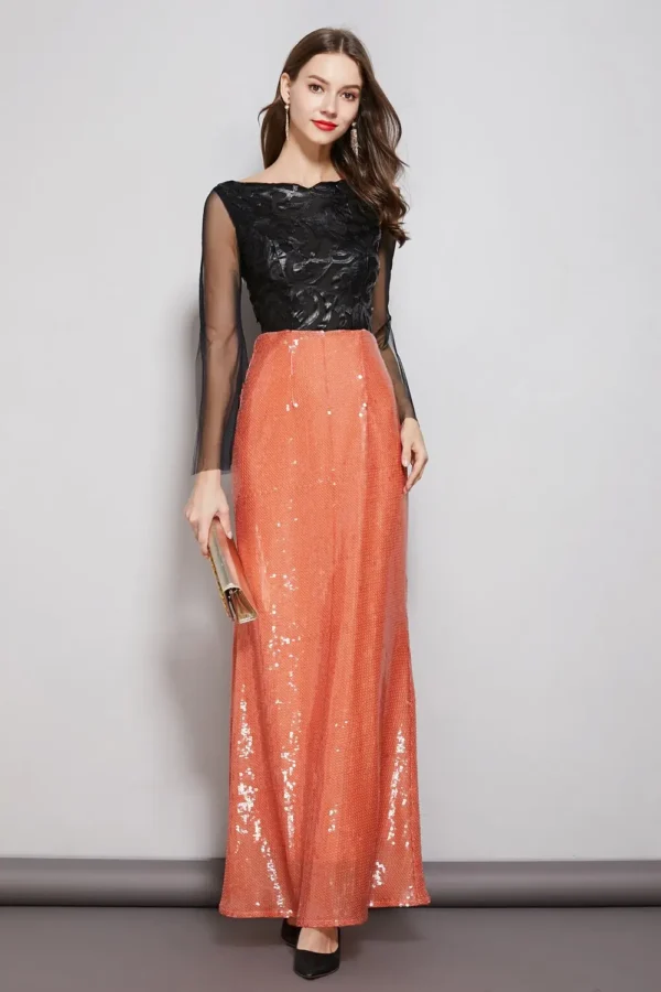 Womens Evening Party Prom Slash Neckline Long Sleeves Appliques Sequined Patchwork Maxi Elegant Dresses