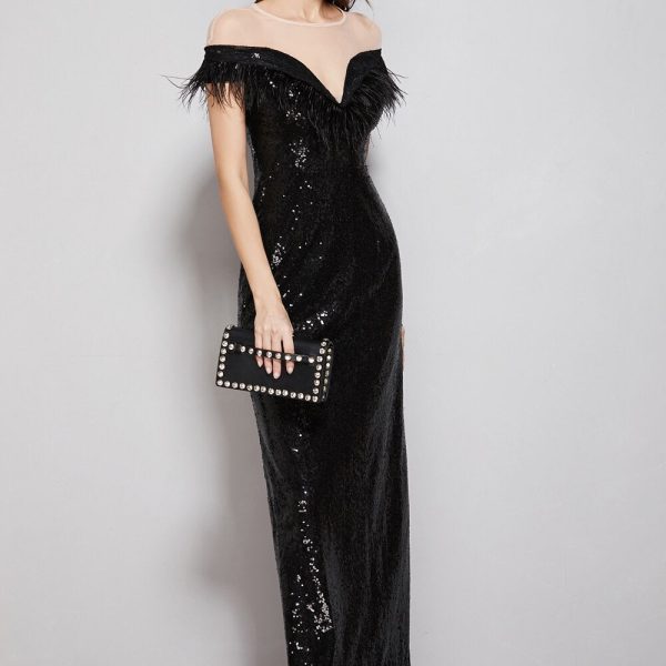 Alternative view of Women's Evening Party Prom O Neck Short Sleeves Feathers Tassels Sequined Patchwork Fashion Long Dresses