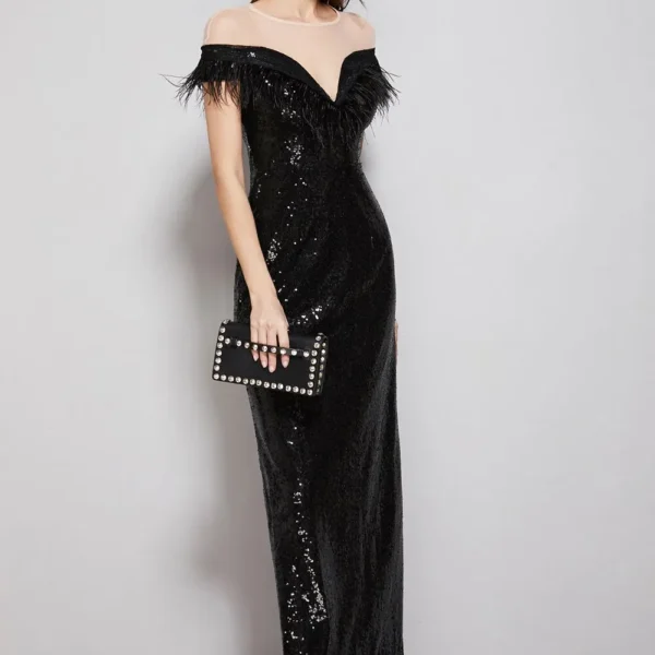 Alternative view of Women's Evening Party Prom O Neck Short Sleeves Feathers Tassels Sequined Patchwork Fashion Long Dresses