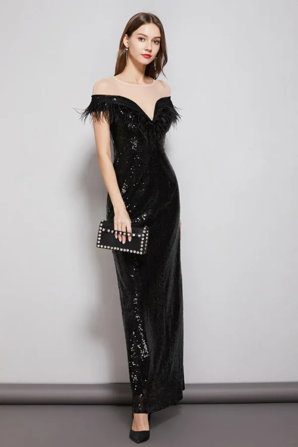 Alternative view of Women's Evening Party Prom O Neck Short Sleeves Feathers Tassels Sequined Patchwork Fashion Long Dresses
