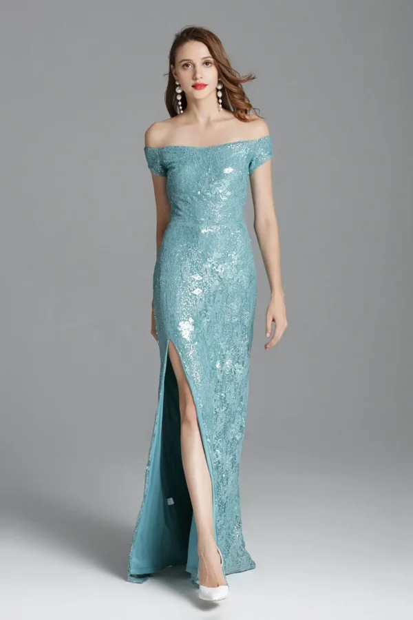 Women's Runway Dresses Sexy Slash Neckline Split Party Prom Embroidery Sequined Lace Elegant Long Designer Dresses