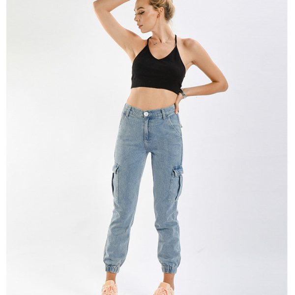 Women High Waist Side Pocket Pants Spring Autumn Denim Boyfriend Jeans