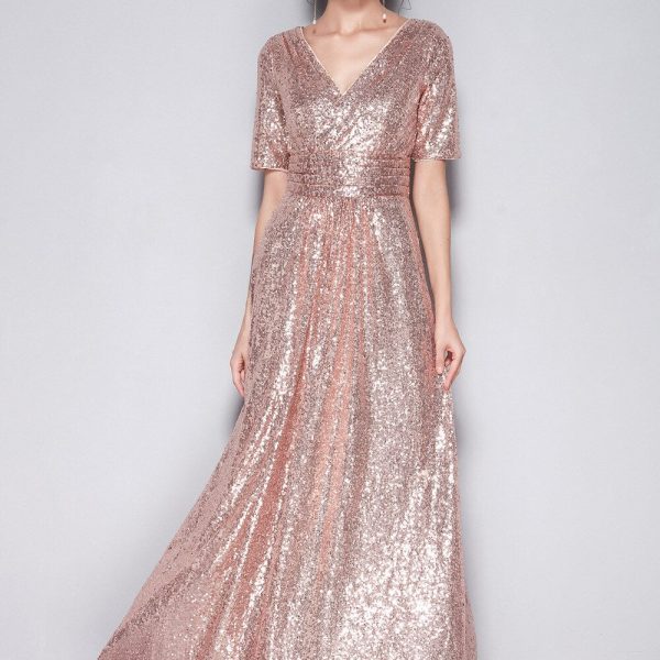 Women's Sexy V Neck Short Sleeves Sequined Ruched Fashion Long Party Prom Runway Dresses