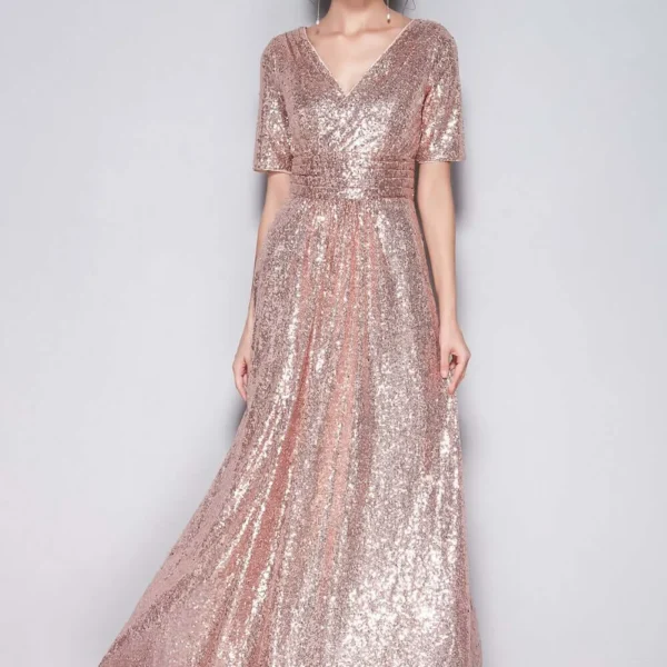 Women's Sexy V Neck Short Sleeves Sequined Ruched Fashion Long Party Prom Runway Dresses