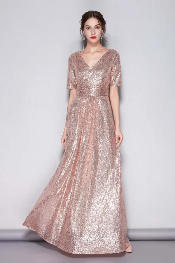 Women's Sexy V Neck Short Sleeves Sequined Ruched Fashion Long Party Prom Runway Dresses