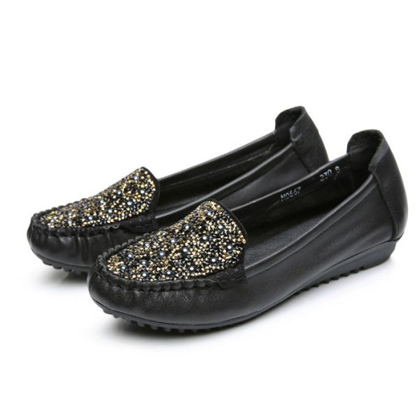Women Shoes  Fashion Genuine Leather Flat Shoes Woman Loafers Crystal Soft Outsole Comfortable Casual Shoes Women Flats