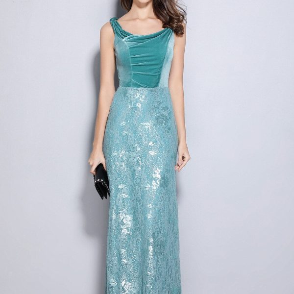 Women's Party Prom Slash Neckline Embroidery Lace Velvet Patchwork Elegant Maxi Long Designer Dresses