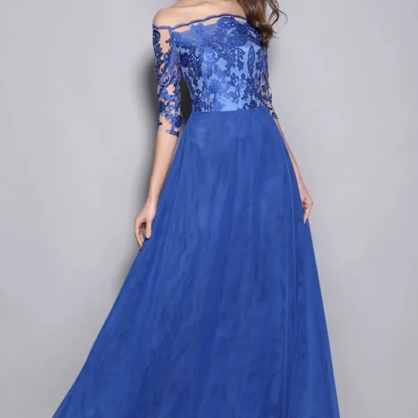 Alternative view of Women's Slash Neckline 3/4 Sleeves Embroidery Lace Patchwork Party Prom Elegant Long Designer Runway Dresses