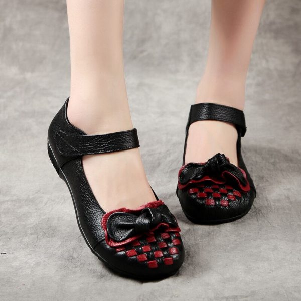 Spring Ladies Flats Hook & Loop Comfortable Women Shoes Round Toe Genuine Leather Casual Shoes Plus Size 35-41