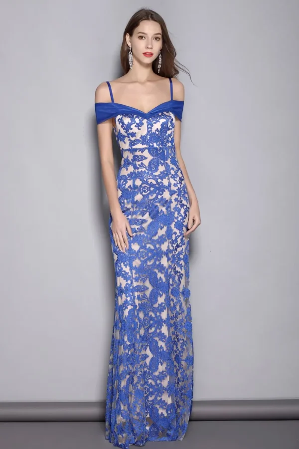 Women's Spaghetti Straps Sexy Off the Shoulder Embroidery Lace Party Prom Elegant Long Runway Dresses