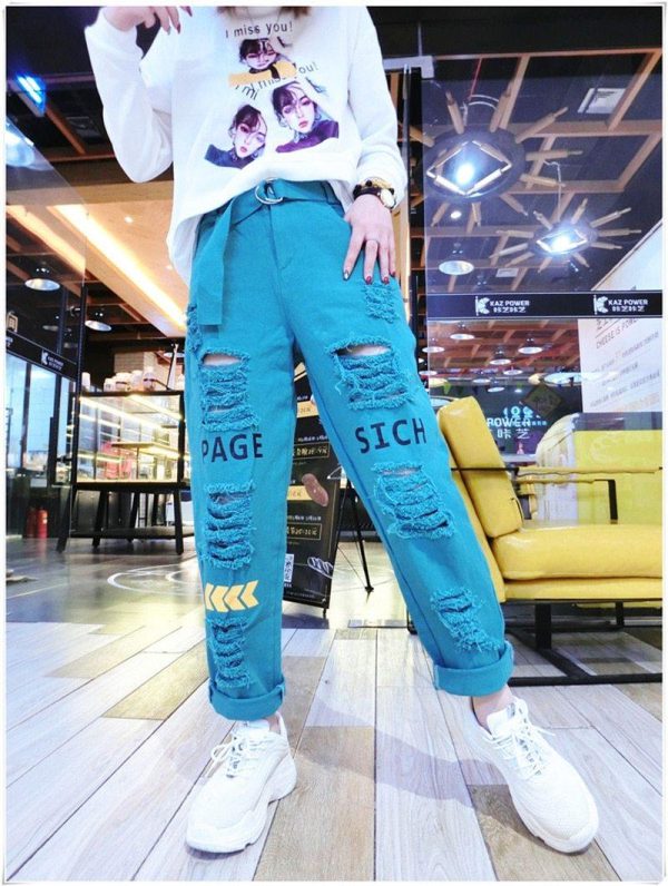 Letter Spliced Women Jeans Holes Pants Loose Candy Color Denim women's pants Autumn Harajuku BF Female Joggers - Hplify