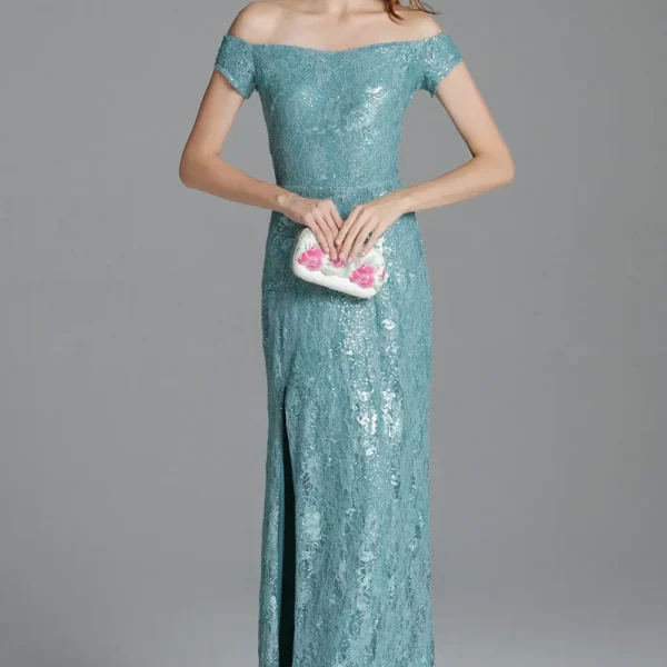 Alternative view of Women's Runway Dresses Sexy Slash Neckline Split Party Prom Embroidery Sequined Lace Elegant Long Designer Dresses