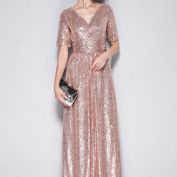 Alternative view of Women's Sexy V Neck Short Sleeves Sequined Ruched Fashion Long Party Prom Runway Dresses