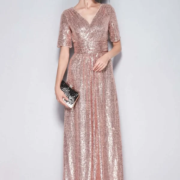 Alternative view of Women's Sexy V Neck Short Sleeves Sequined Ruched Fashion Long Party Prom Runway Dresses