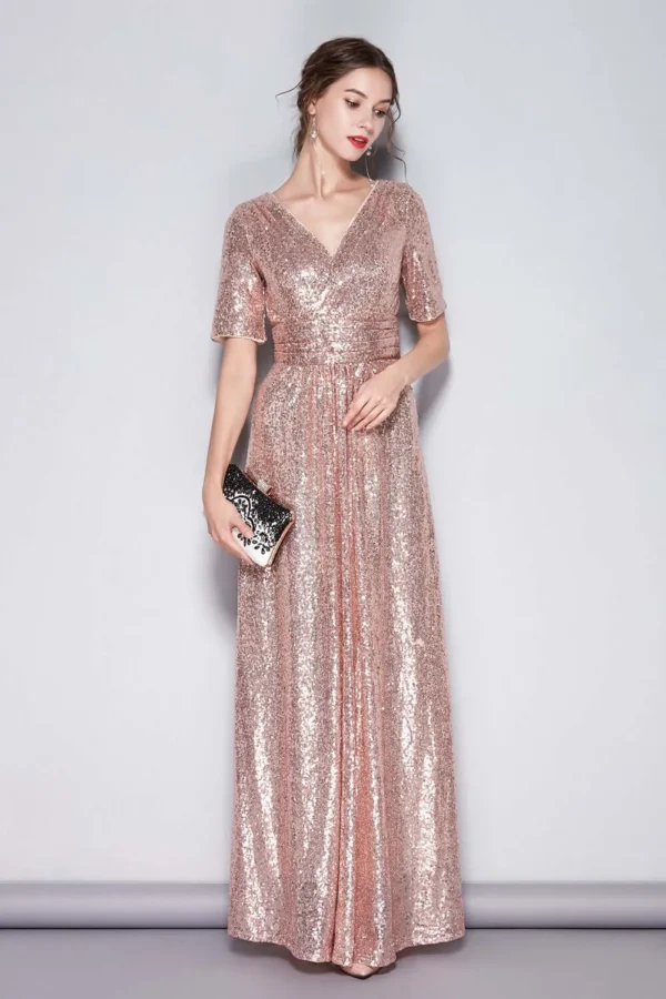 Alternative view of Women's Sexy V Neck Short Sleeves Sequined Ruched Fashion Long Party Prom Runway Dresses