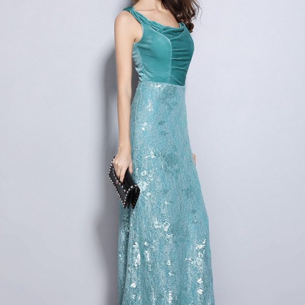 Alternative view of Women's Party Prom Slash Neckline Embroidery Lace Velvet Patchwork Elegant Maxi Long Designer Dresses