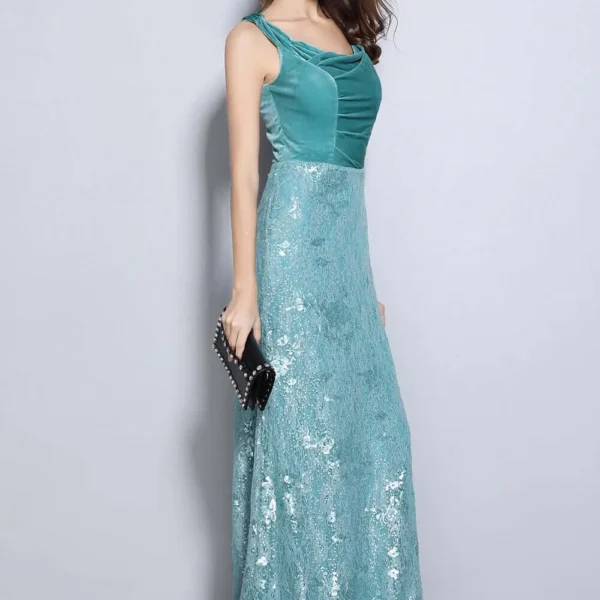 Alternative view of Women's Party Prom Slash Neckline Embroidery Lace Velvet Patchwork Elegant Maxi Long Designer Dresses