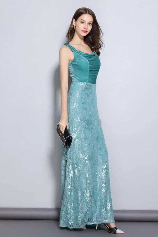Alternative view of Women's Party Prom Slash Neckline Embroidery Lace Velvet Patchwork Elegant Maxi Long Designer Dresses