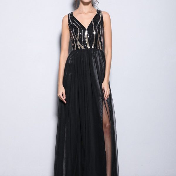Women's Sexy Low V Neck Sleeveless Sequined Bodice Split Patchwork Party Prom Long Runway Dresses