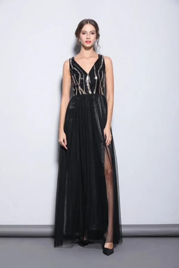 Women's Sexy Low V Neck Sleeveless Sequined Bodice Split Patchwork Party Prom Long Runway Dresses