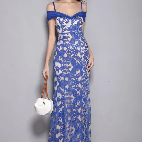 Alternative view of Women's Spaghetti Straps Sexy Off the Shoulder Embroidery Lace Party Prom Elegant Long Runway Dresses