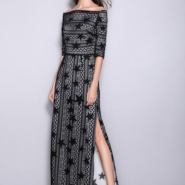 Alternative view of Women's Slash Neckline 3/4 Sleeves Off the Shoulder Embroidery Lace Split Elegant Party Dresses Fashion Long Runway Dresses