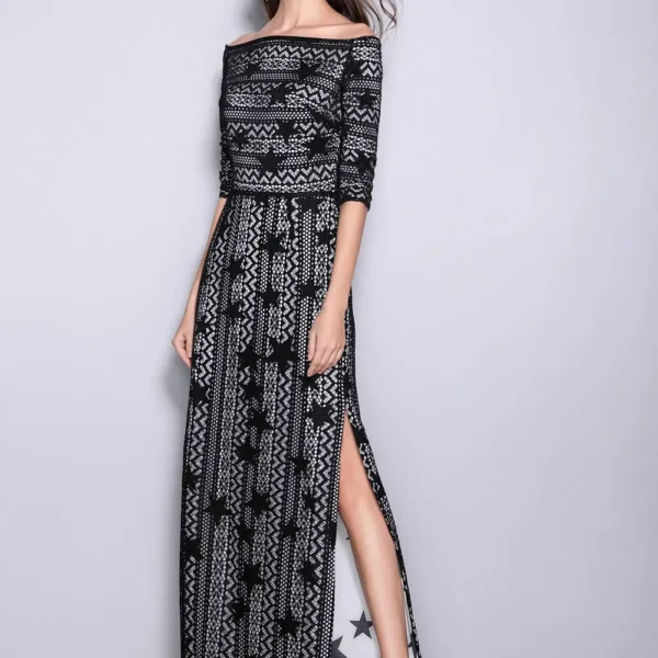 Alternative view of Women's Slash Neckline 3/4 Sleeves Off the Shoulder Embroidery Lace Split Elegant Party Dresses Fashion Long Runway Dresses