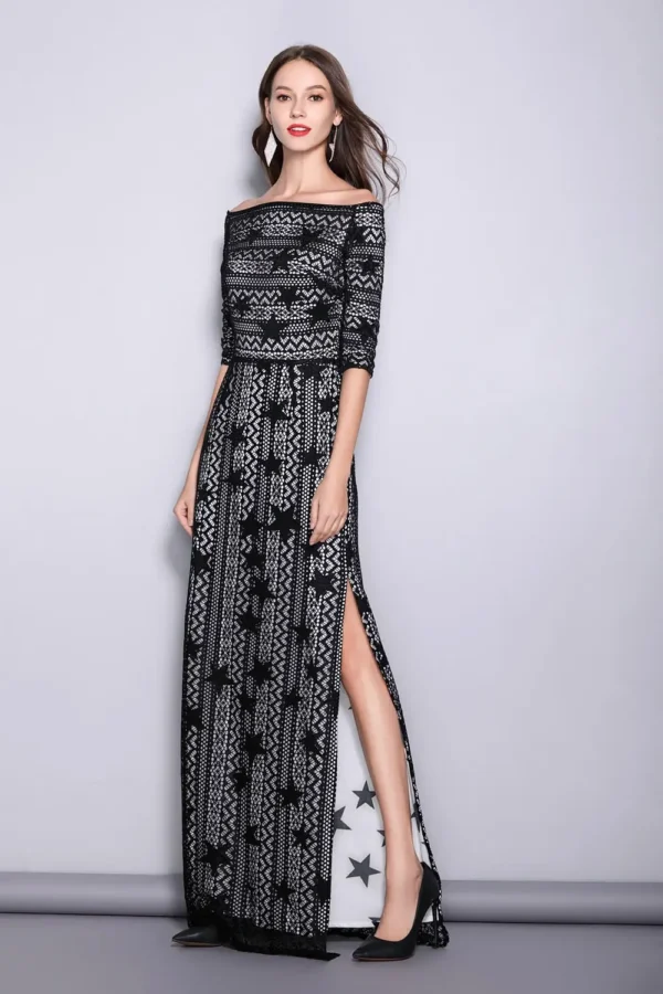 Alternative view of Women's Slash Neckline 3/4 Sleeves Off the Shoulder Embroidery Lace Split Elegant Party Dresses Fashion Long Runway Dresses