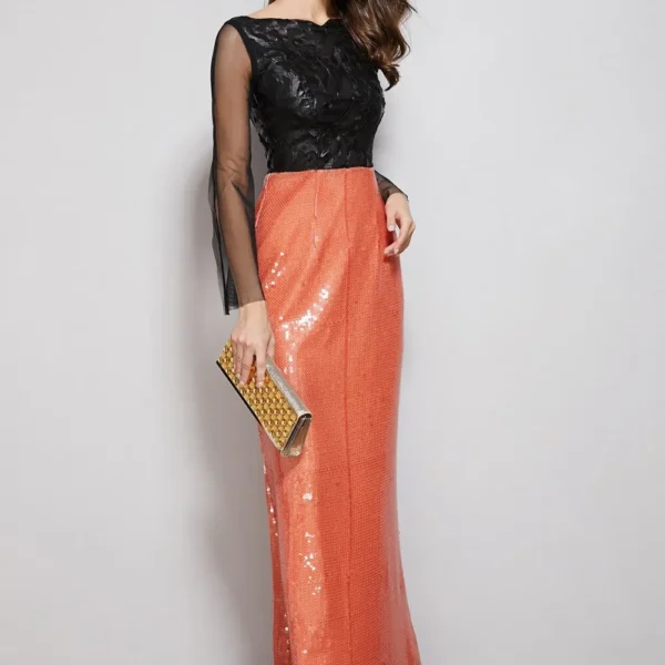 Alternative view of Womens Evening Party Prom Slash Neckline Long Sleeves Appliques Sequined Patchwork Maxi Elegant Dresses